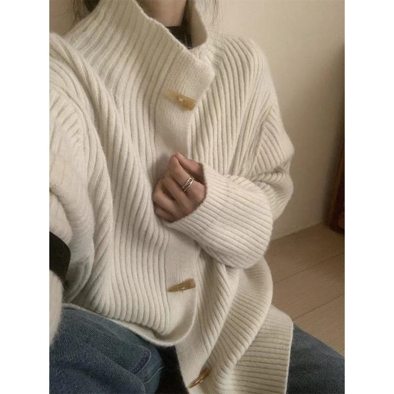 

Lazy wind horn buckle sweater jacket for women s autumn and winter new loose hundred towers casual stand-up collar knitted cardigan for women One size