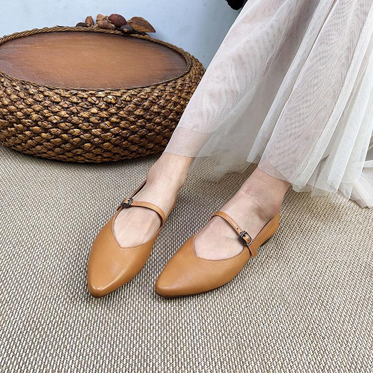 Johnature Vår Høst Retro Spenne Stropp Grunn Myk Uformell spiss Loafers Kvinner Ekte Skinn Flats Sko
