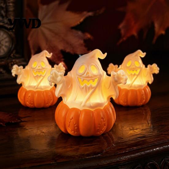 Decorative Fall Lights Halloween Pumpkin Light, LED Lighted Ghost Skull Lantern, Spooky Seasonal Atmosphere Lighting Tabletop Lamp for Home