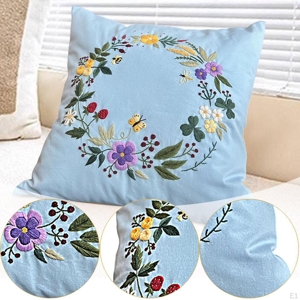 Embroidery Kit for Adults Pillow Cover Gift with Threads Cushion Floral Simple Bedroom