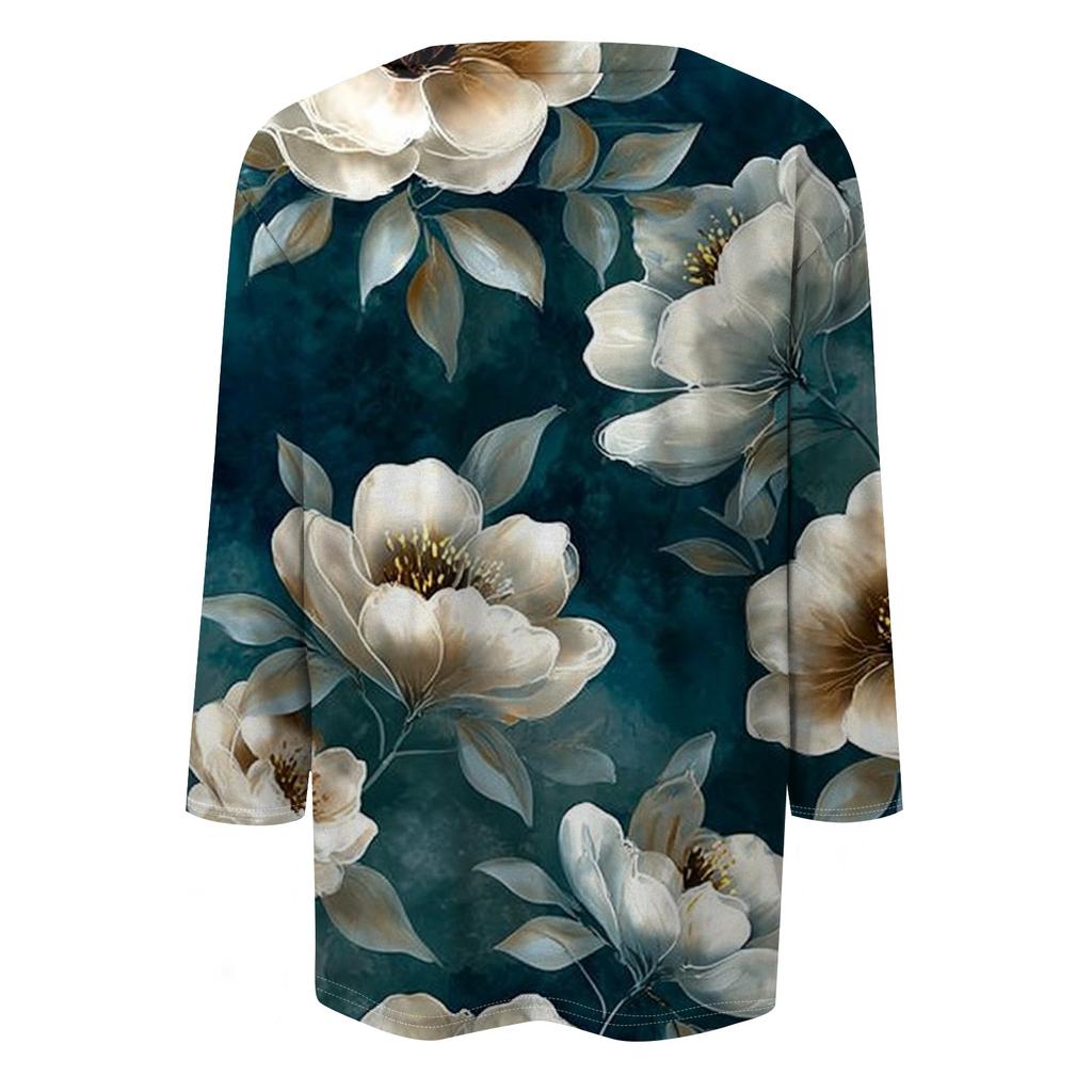 Women's Fashion Casual Round Neck Three Quarter Sleeve Printed T-Shirt Top