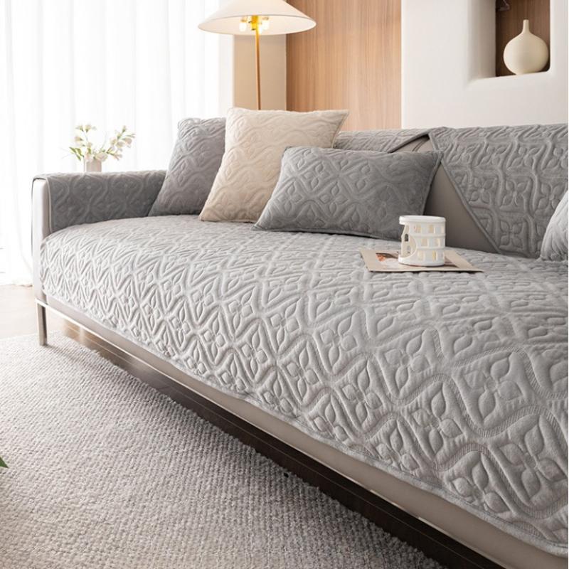 Winter Milk Velvet Sofa Cushion Solid Color Jacquard Sofa Cover Non-Slip Thickening Straight Row Sofa Cushion Cream Style Mat