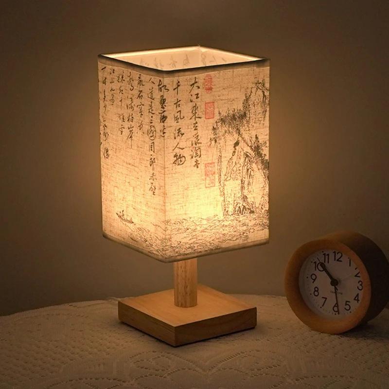 LED Decoration Table Lamps Simple Chinese Style Dimmable Plug Night Light Fabric Lampshade Square Bedroom Bedside Desk Lights