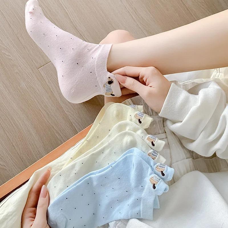 Frühling Sommer Dünne Damen Kurze Socken Polka Dots Niedliche Cartoon Wursthund Stickerei Bootssocken Reine Baumwolle Kurz Trendige Socken