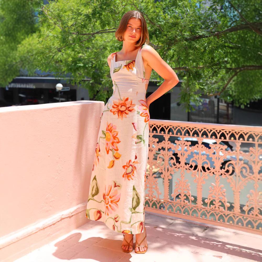 Summer 2025 European & American Vacation Style Backless Print Long Suspender Dress