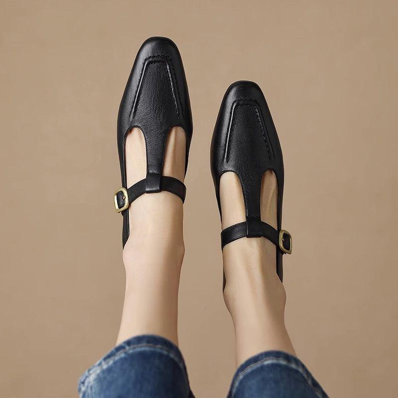 Korean Version of Soft Leather Retro Square Head Single Shoes Women's 2025 Summer New Thick Heel Soft Sole T-shaped Buckle Small Leather Shoes Women