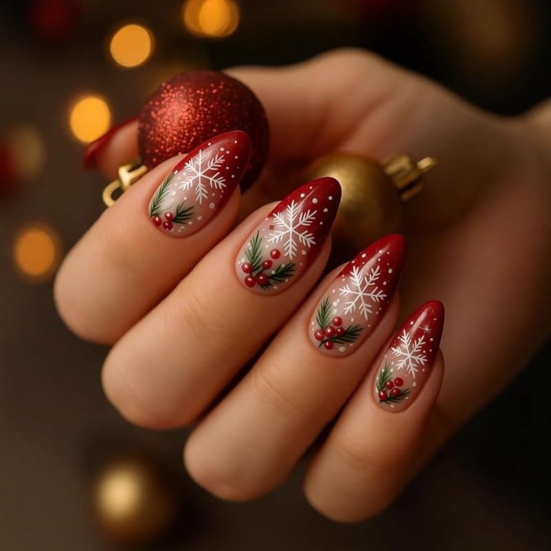 Christmas Snowmen Press On Nails Short Square French Tip Fake Nails with Winter Snowflake Design Blue Winter Xmas Snowmen Glue On False Nail