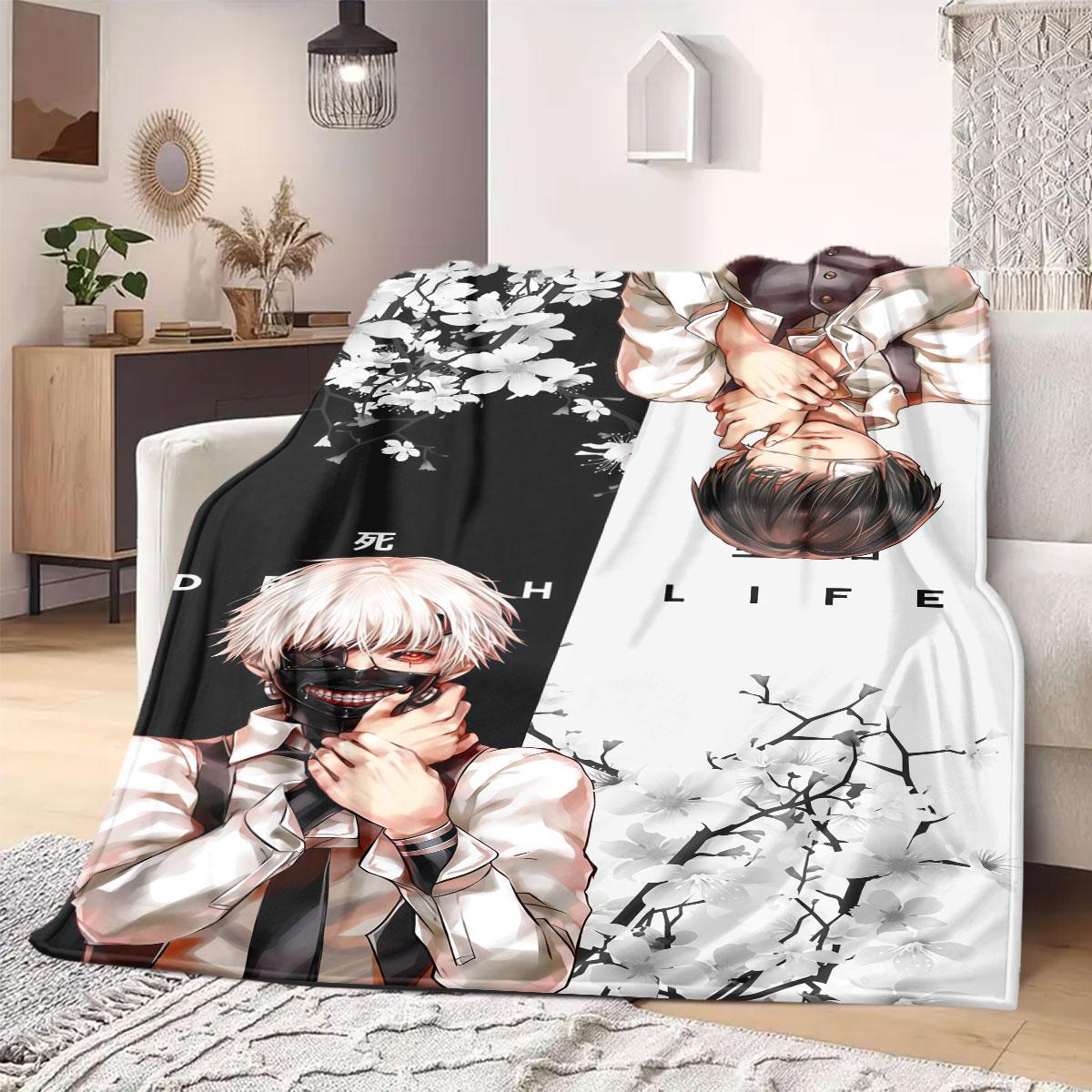 Tokyo Ghoul Stylish Print Flannel Blanket, Warm Cartoon Design for Sofa and Bed, Portable Travel and Picnic Throw Blanket_LIAN 75x90cm