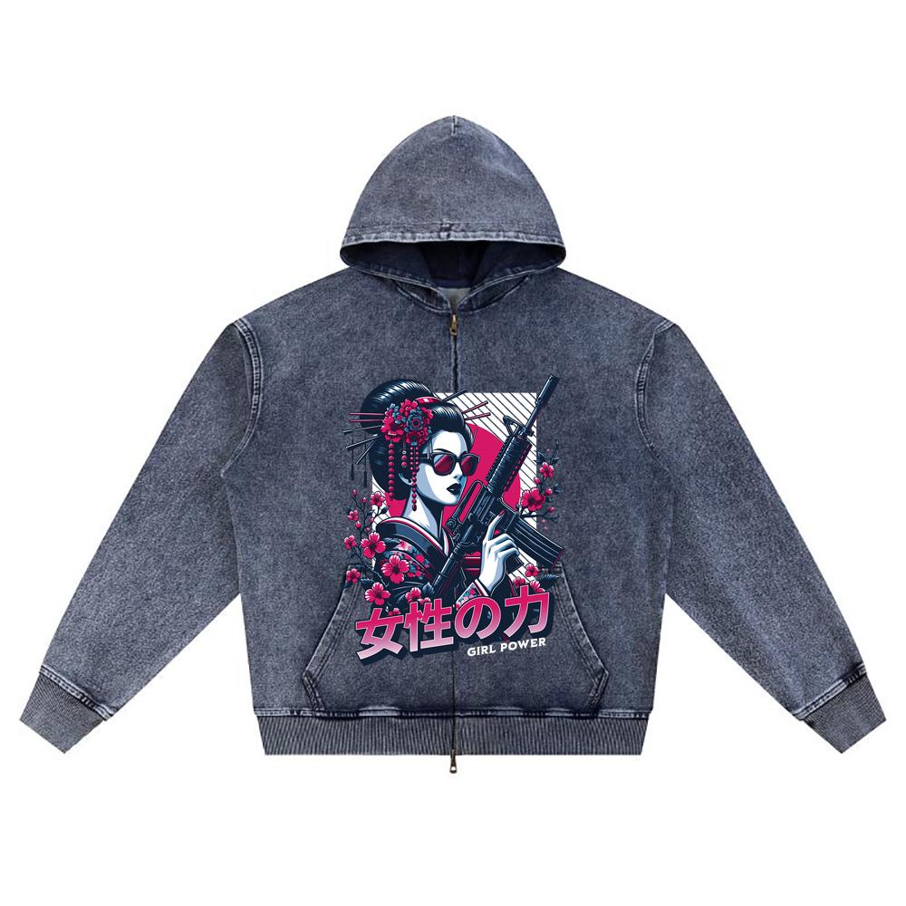 

DTG print Knitted Denim Zip-Up Hoodie Girl Power Brother Print Zipper Hoodies XL темно-синий
