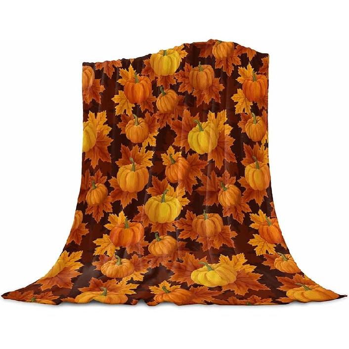 Fall Throw Blanket Green Pumpkin Blankets and Throws Soft Cozy Flannel Fleece Eucalyptus Leaves Branch Blanket for Couch Bed Sofa Chair Autumn