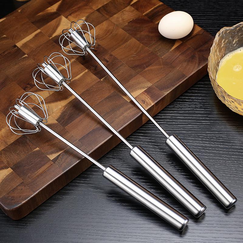 Stainless Steel Semi-Automatic Rotating Whisk for Baking - Manual Press Egg Beater