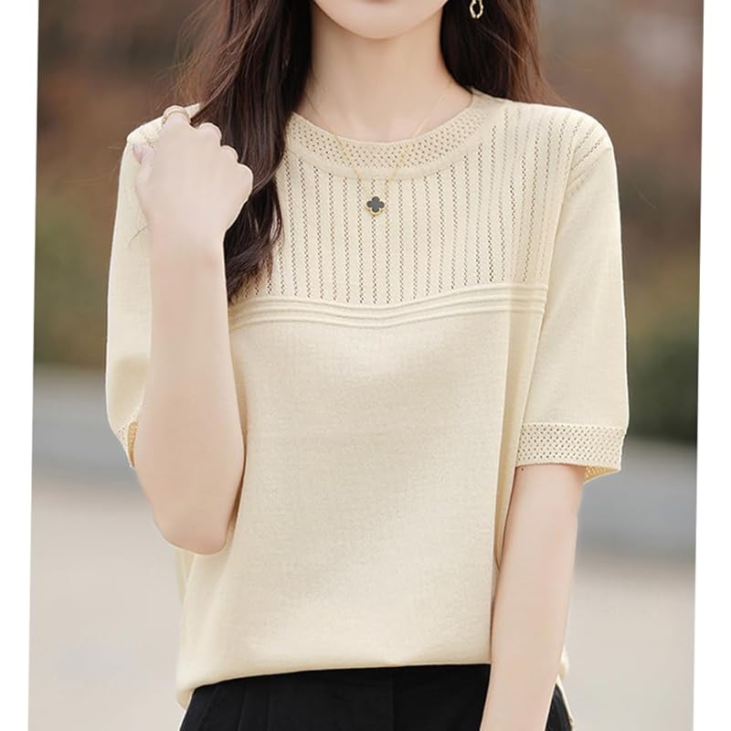 [Bidason] knit ladies sweater short sleeve summer knit Openwork knitting ventilation comfortable cool High elasticity stress free Plain color simple