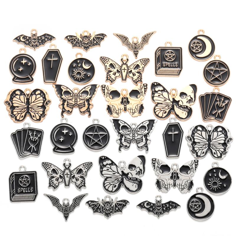 

10pcs enamel Charms Halloween Black Skull Butterfly Charms Pendant Designer CharmsFit Jewelry Making DIY Jewelry Findings W345 Silver