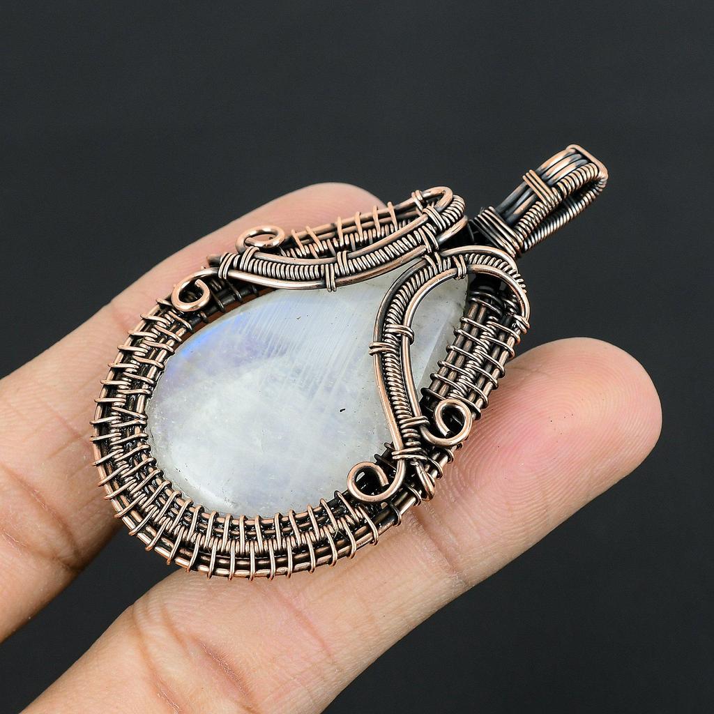 Moonstone 999 Copper Wire Wrapped Silver Pendant, Handmade Gemstone Pendant, Gift For Mom Antique Jewelry