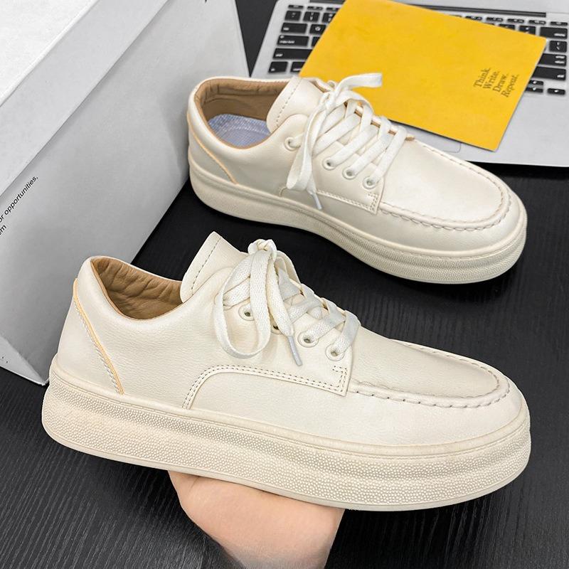 Thick Soled Breathable and Odor Proof Sports Men's Trendy Versatile Soft Leather Casual One Foot White Shoes