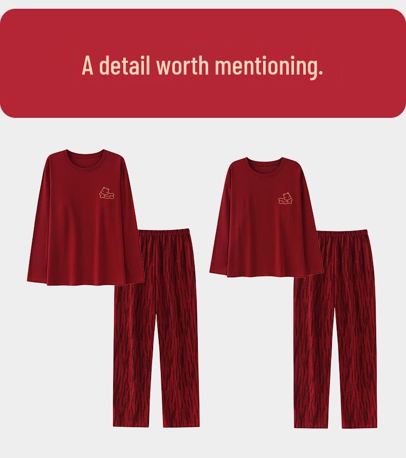 Tencel Cotton Red Wedding Pajamas for Couples: Year of the Rat Festive Long Sleeve Pullover Set for Spring and Autumn