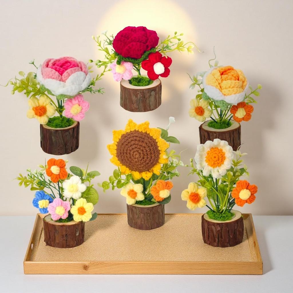 Handmade Crochet Sunflower Bouquet in Pot-Charming Knitted Creative Mini Flower Bouquet,Forever Blooming Home Desktop Decor or Gift for