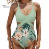 Monokini Estivo da Donna Profondo Scollo a V Senza Maniche Costume da Bagno Intero Colore Patchwork Hollow Out Schiena Scoperta Allacciatura Beachwear
