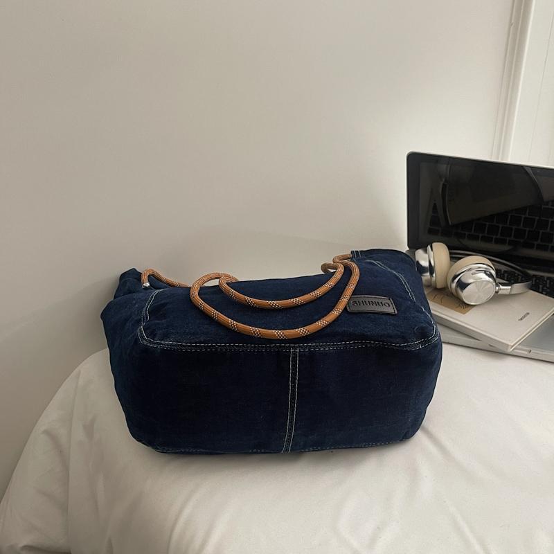 Duża Pojemność Retro Jeansowa Torba Damska Jednokolorowa Na Ramię Crossbody