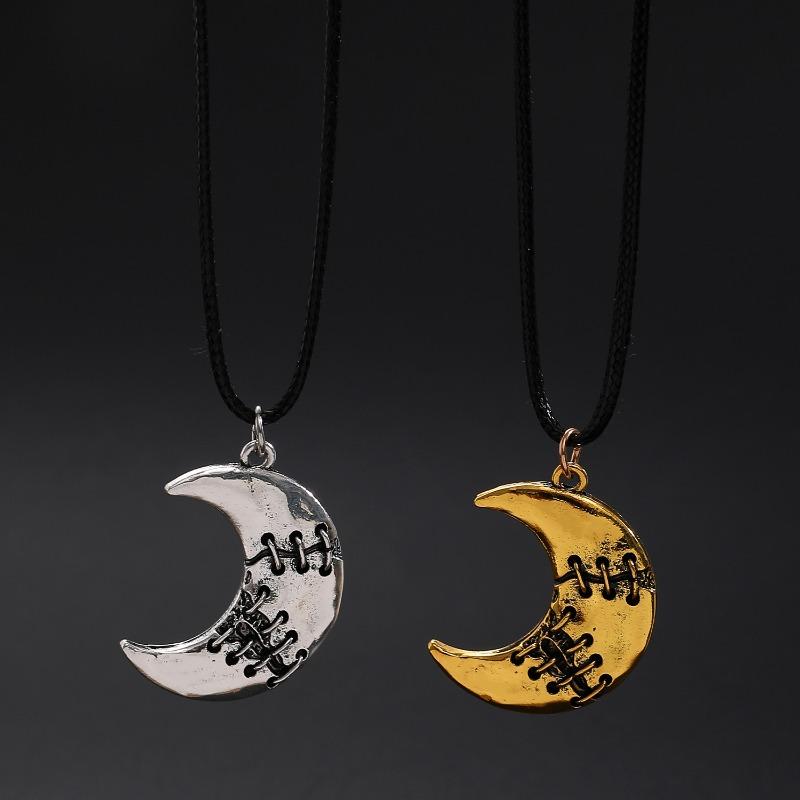 A Gothic creative repair wear moon necklace men and women's vintage leather cord pendant necklace Halloween jewelry gift
