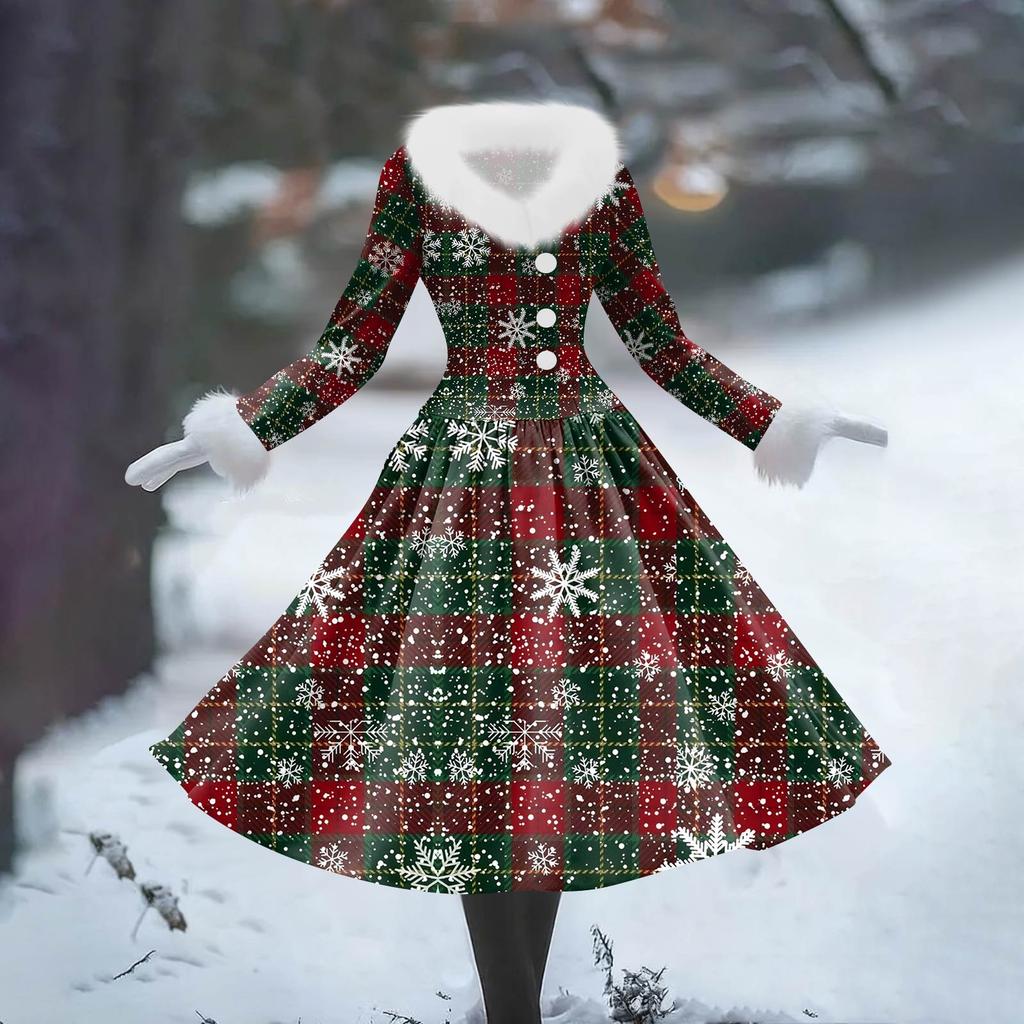 Women's Casual Dress Long-Sleeve V-Neck Patchwork Fleece Christmas Print Dress