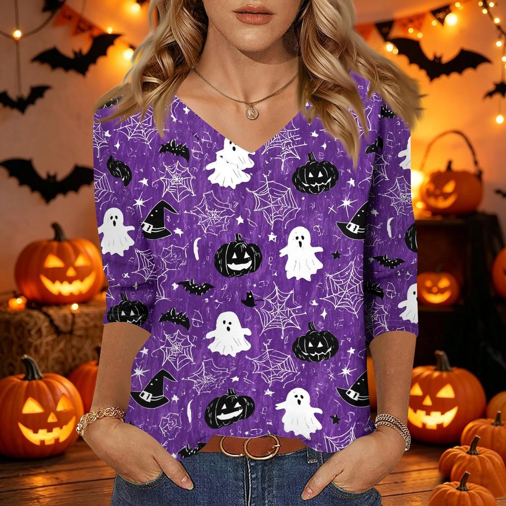 Damen Freizeit Halloween Aufdruck V-Ausschnitt Dreiviertelarm Oberteil Leicht Bequeme Passform Stilvolles Design für den Alltag