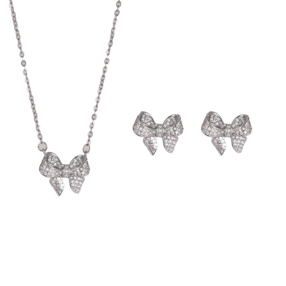 ZAKOL Luxury Full Shiny CZ Bow Earring Necklaces for Women Clear AAA Cubic Zirconia Engagement Wedding Party Zircon Set