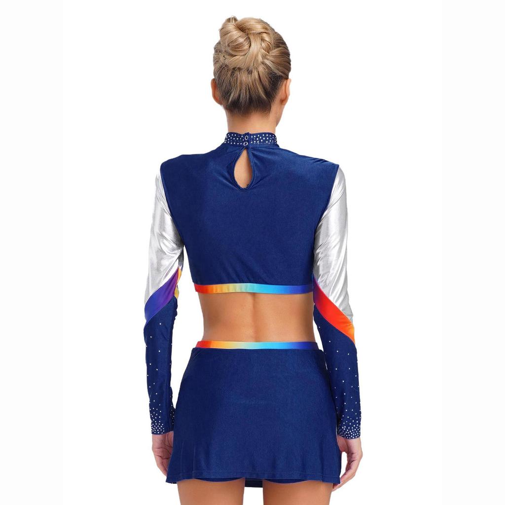 Dámská roztleskávačská uniforma Dvoudílný set Crop top s dlouhým rukávem a kříženými ramínky Taneční sukně Kamínkový výkonnostní outfit