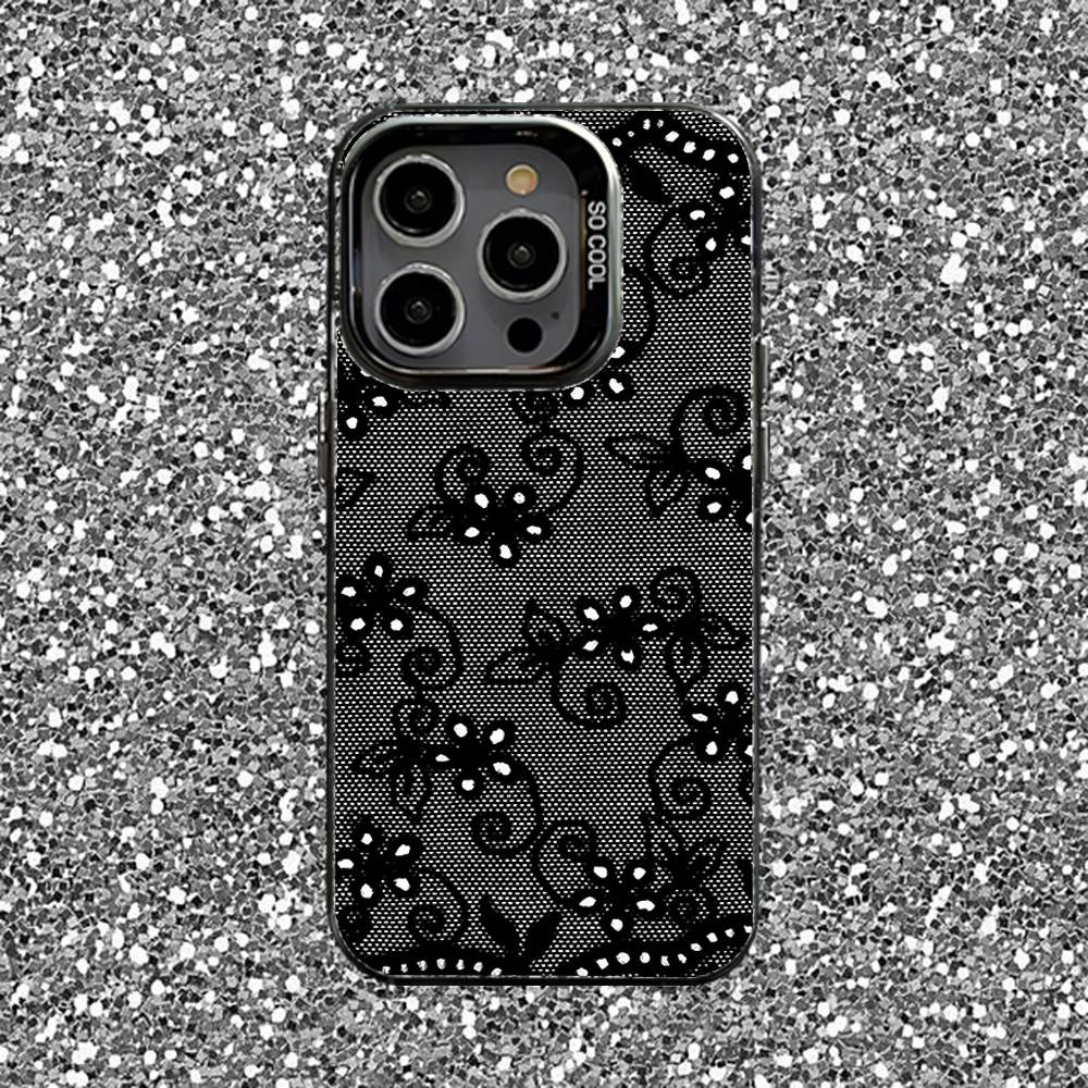 Lace Print Pattern Phone Case For iPhone 16,15,14,13,12,11,Pro,XS,Max,Plus,Mini,SE Black Candy Matte Shockproof Cover