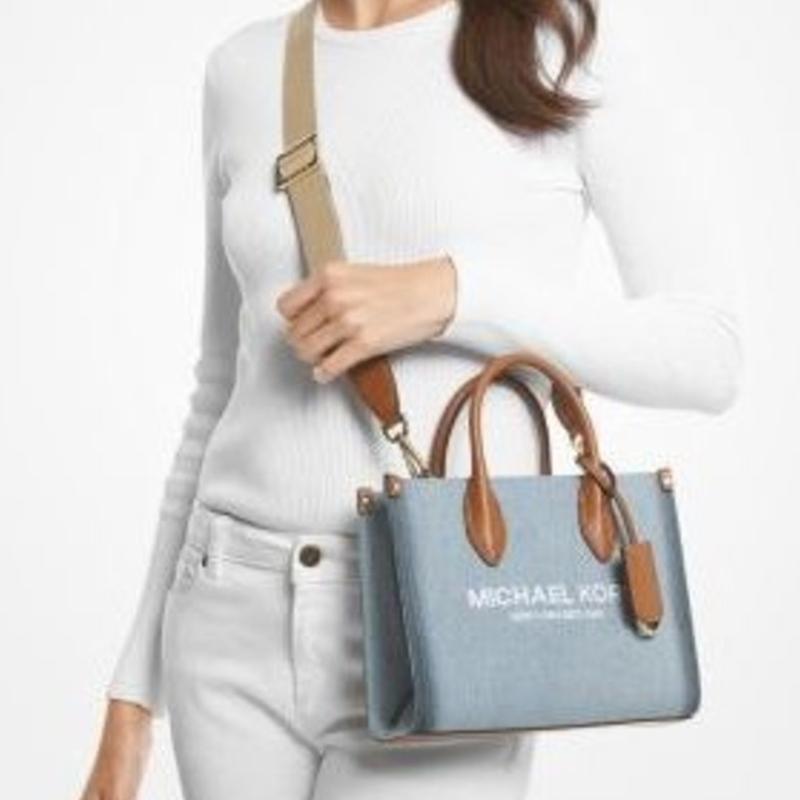 Michael Kors MK Mirella Logo Hardware Zipper Pocket Cotton Denim Tote Bag Women Tote Light-Blue 35F3G7ZT2C-DENIM