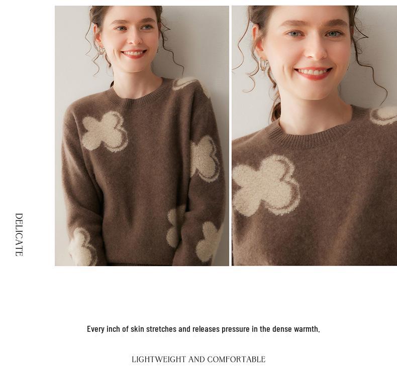 Women's Autumn Winter Floral Knit Cashmere Sweater - Round Neck, Loose Fit