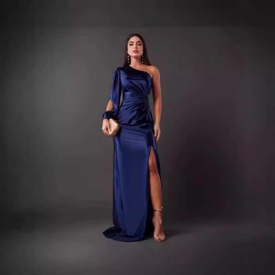 „2024 Sommer Damen Asymmetrischer Hals Raglan-Ärmel Falten Taille Schlitz Langes Kleid“