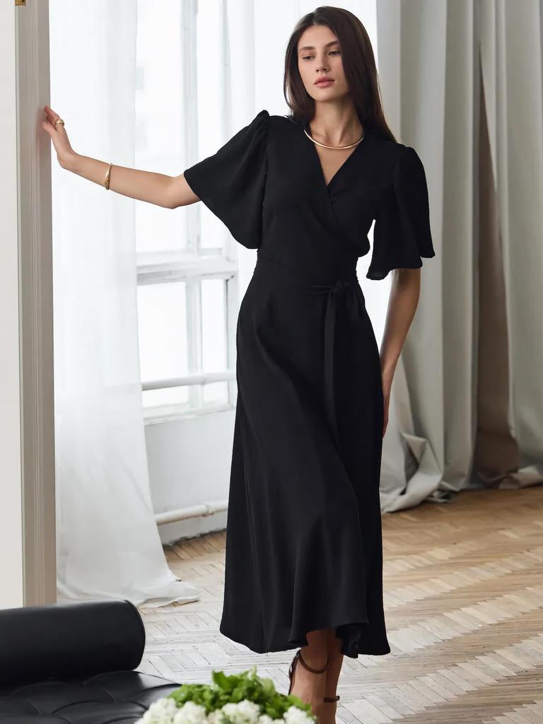 Elegant V-Neck Summer Evening Dress with Cinched Waist and Slit, Short Sleeve