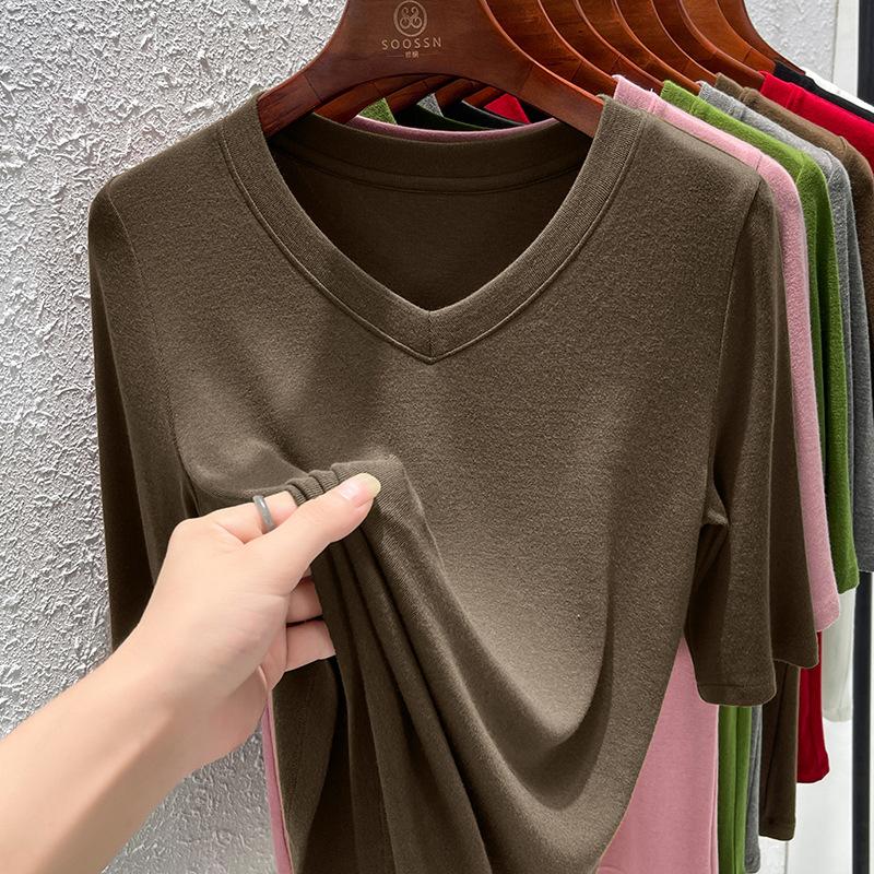 Modal-Baumwoll-Schulter-T-Shirt Damen Herbst neu einfach vielseitig Kragen T-Shirt Damen mittellangarm Dreiviertelarm Oberteil