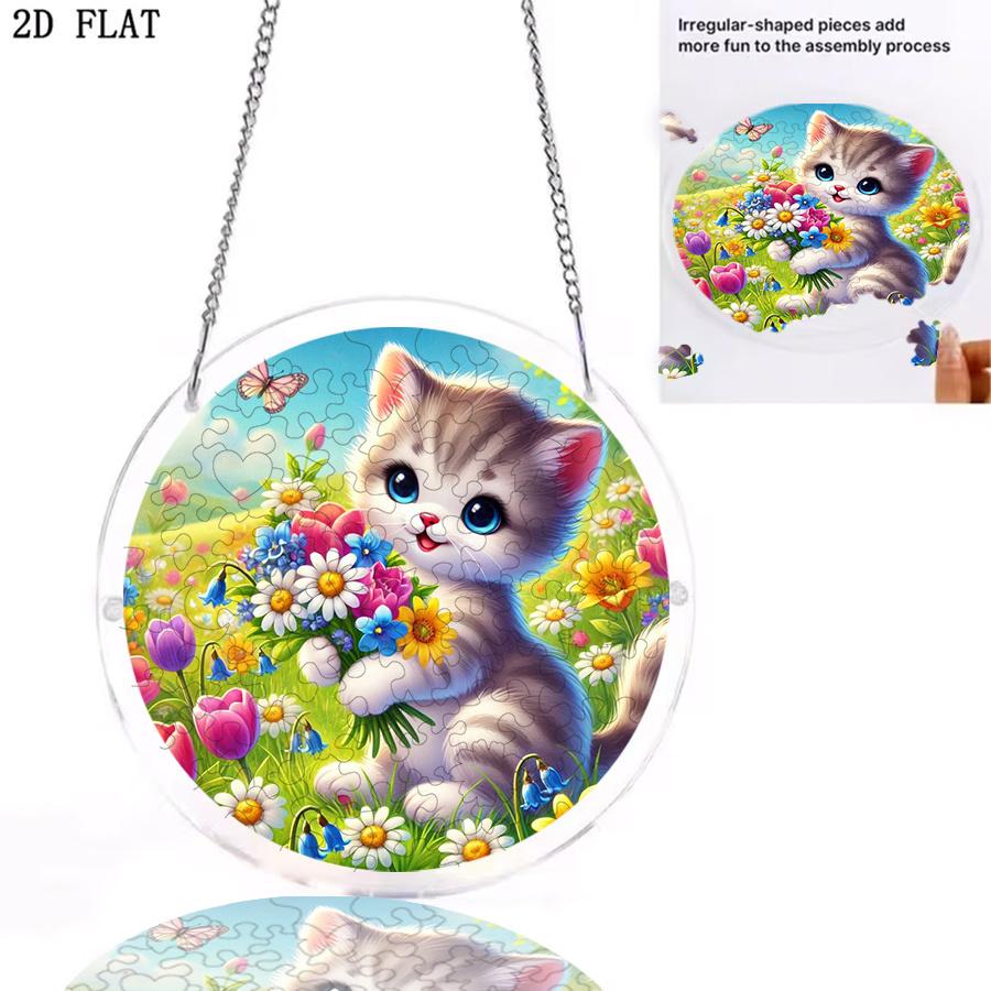 2D Flat - 1pc, 2D Flat Flower Bush Hugging Flower Kitten Theme Design, 2D Flat Acrylic Sun Catcher Window Hanging Decoration, Suitable As a Birthday G