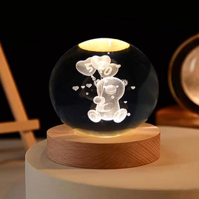 Crystal Ball Night Lamp – Engraved LED Light with Teddy Bear Design, USB-Powered Table Lamp, Wooden Base, Romantic Home & Office Décor, Bedroom