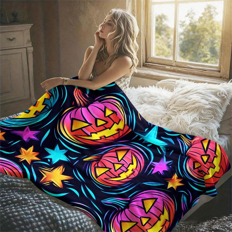 Neon Pumpkin Halloween Flannel Blanket Warm Soft Halloween Christmas Decorative Couch Warm Cozy All-Season Gift