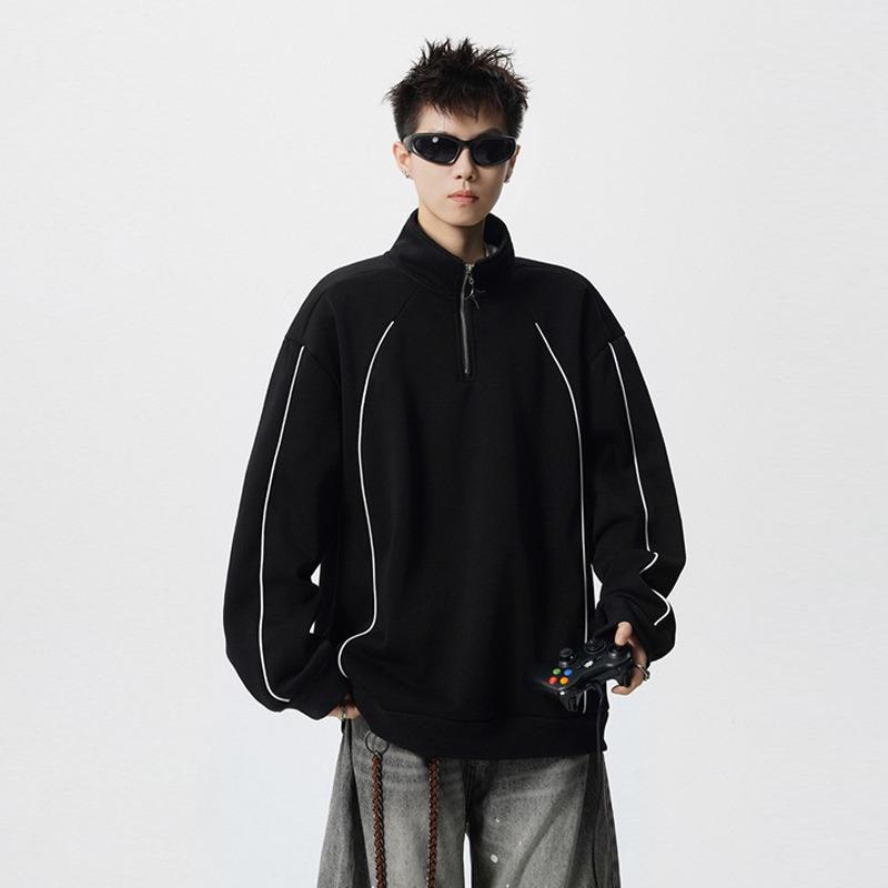 Men's 2025 Spring/Autumn Striped Color Block Half-Zip High-Neck Hoodie - Trendy Loose Heavyweight Top