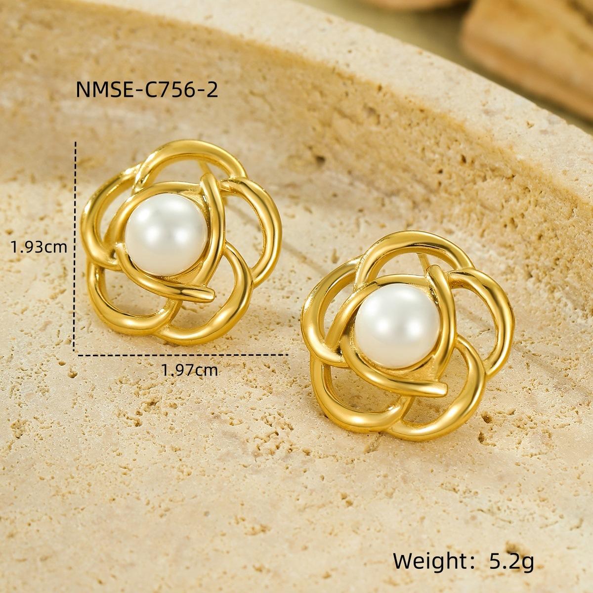 GEMCHIC Women s 18K Gold Stainless Steel Hollow Flower Petals Freshwater Pearl Stud Earrings Vintage Fashion
