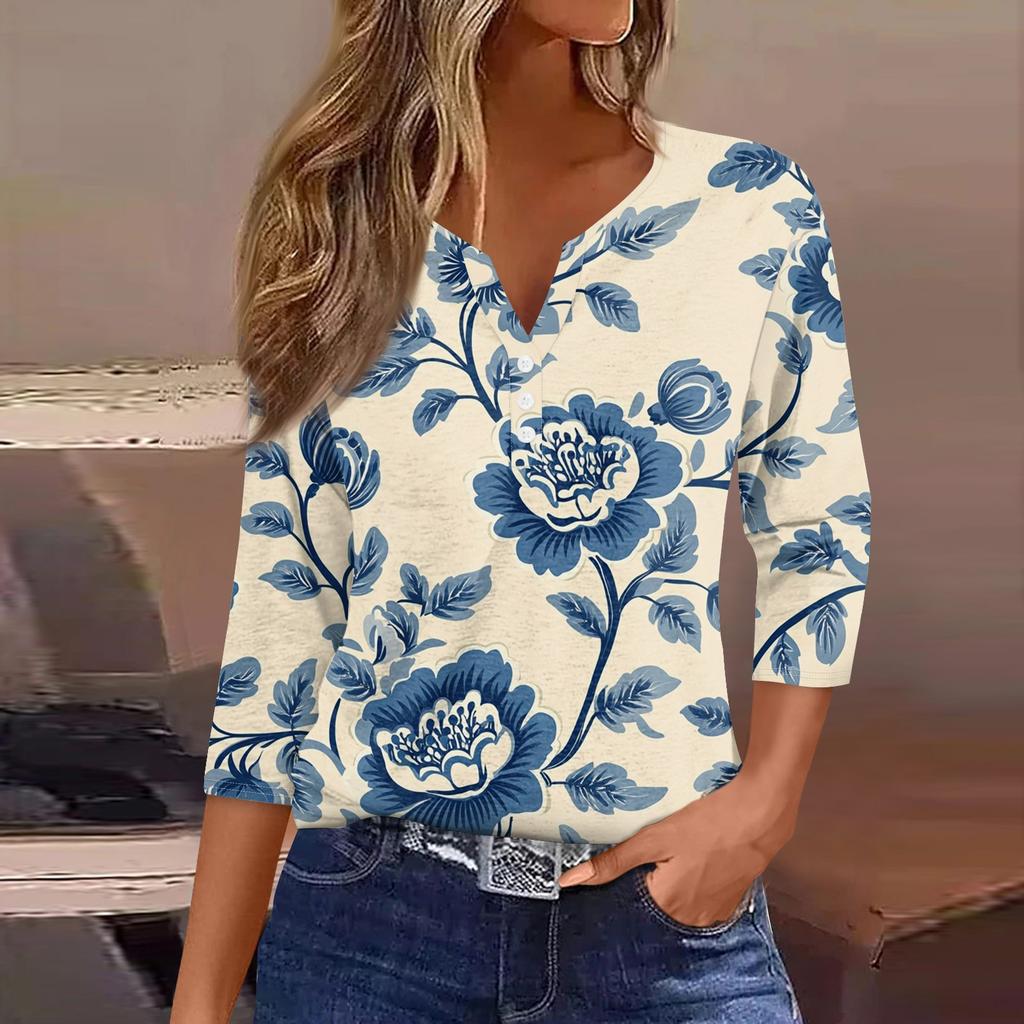 Damska koszulka z nadrukiem na guziki, rękaw 3/4, codzienna, weekendowa, modna, podstawowa, dekolt w serek, regularny top