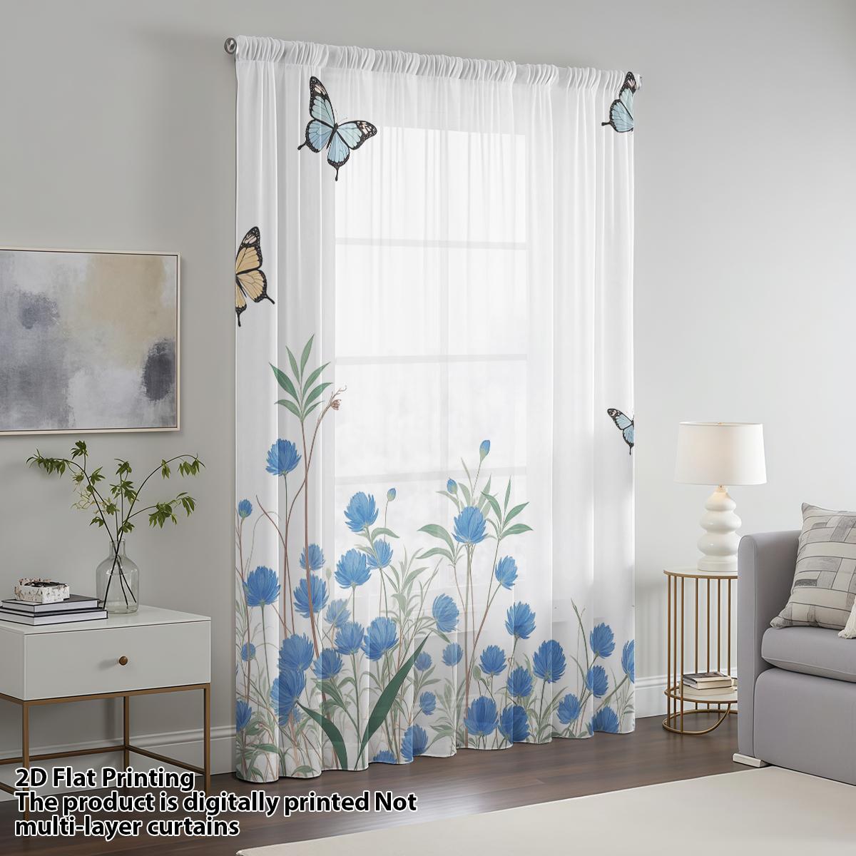 

Blue Butterfly Language Window Curtain Clear Forest System Rod Living Room Bedroom Healing Decorative Curtains Made Of Polyester Area Treatment W100*H70(CM)-Hooks&2PCS