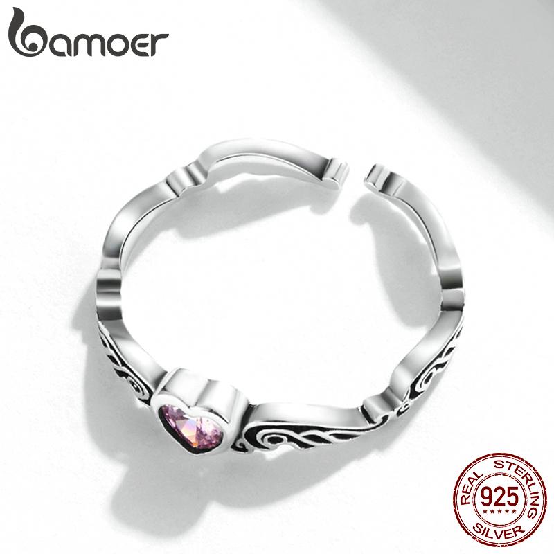 Bamoer 925 Sterling Silver Vintage Pattern Heart Ring for Women Adjustable Ring Fashion Jewelry