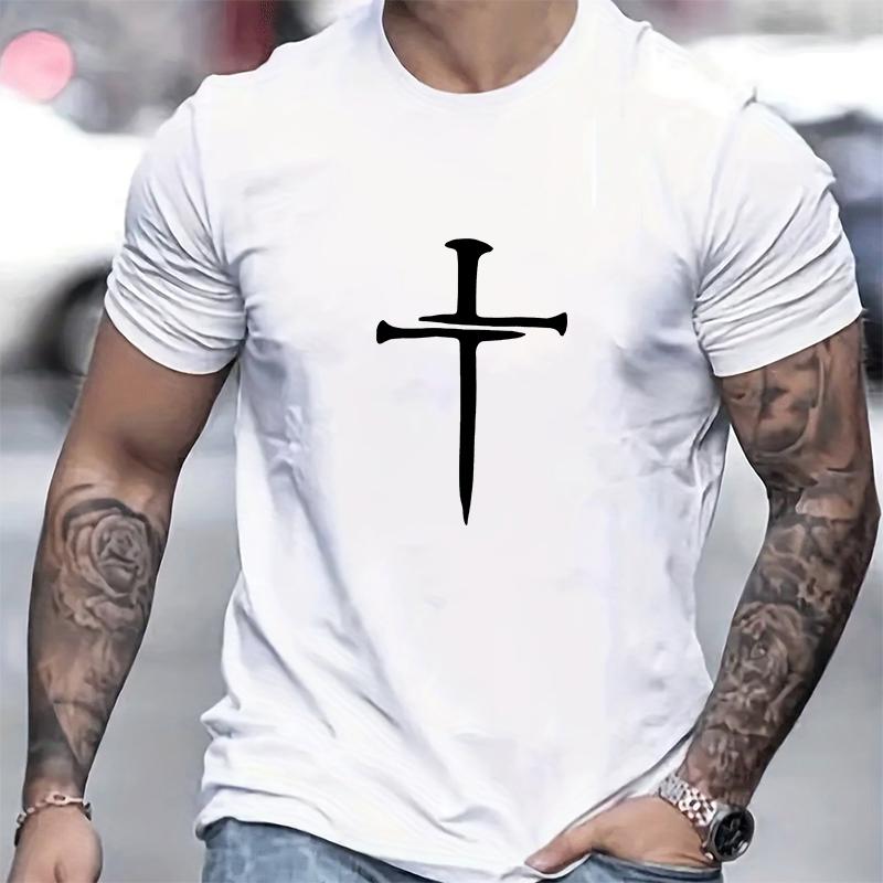 Cotton short sleeved men's T-shirt with cross pattern printed on it, men's summer outdoor clothing, daily style, fashionable and