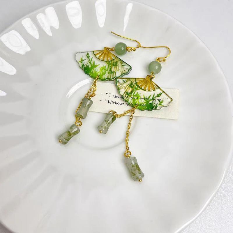 2024 Chinese Style Green Bamboo Transparent Folding Fan Earrings