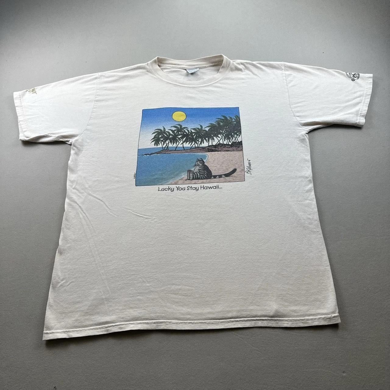 Crazy Shirts B Kliban Cat T-Shirt Mens Large Cream Lucky You Stay Hawaii Beach XL