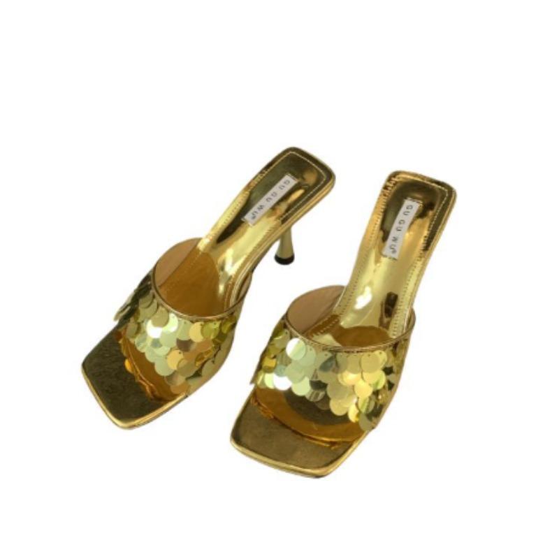 Fashion 2025 Summer Hot Selling Women's Square Toe High Heels Fashionable and Elegant Outdoor Versatile Silver Women Slippers