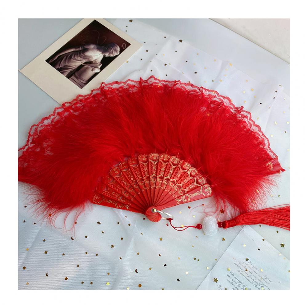 Летний складной веер Винтажный кружевной складной веер с перьями и кисточками Портативный легкий веер из перьев Реквизит Вечеринка Аксессуары красный