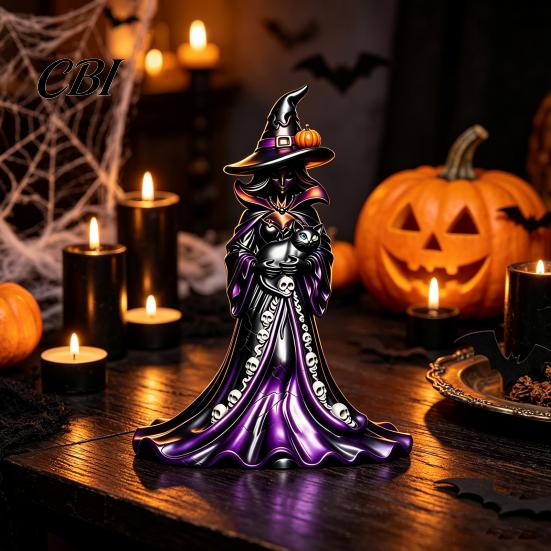 Gothic Home Decor Halloween Witch Figurine, Resin Black Cat Statue with Pumpkin, Retro Party Supplies Sculpture, Tabletop Ornament for Display