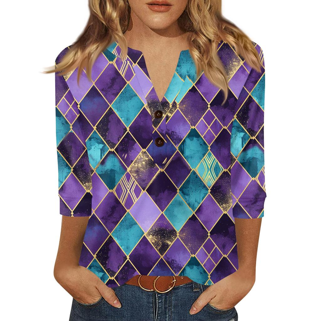 Women's Carnival Printed Fashionable Casual V-neck Button Seven Inch Sleeve T-shirt Top