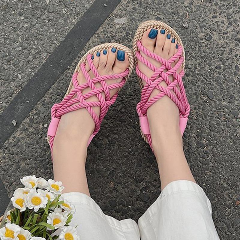 Fashion New Colourful Braided Sandals for Women Summer Flat Bottom Beach Bohemia Rome Women Cool Hemp Rope Sandal Casual Female Shoes